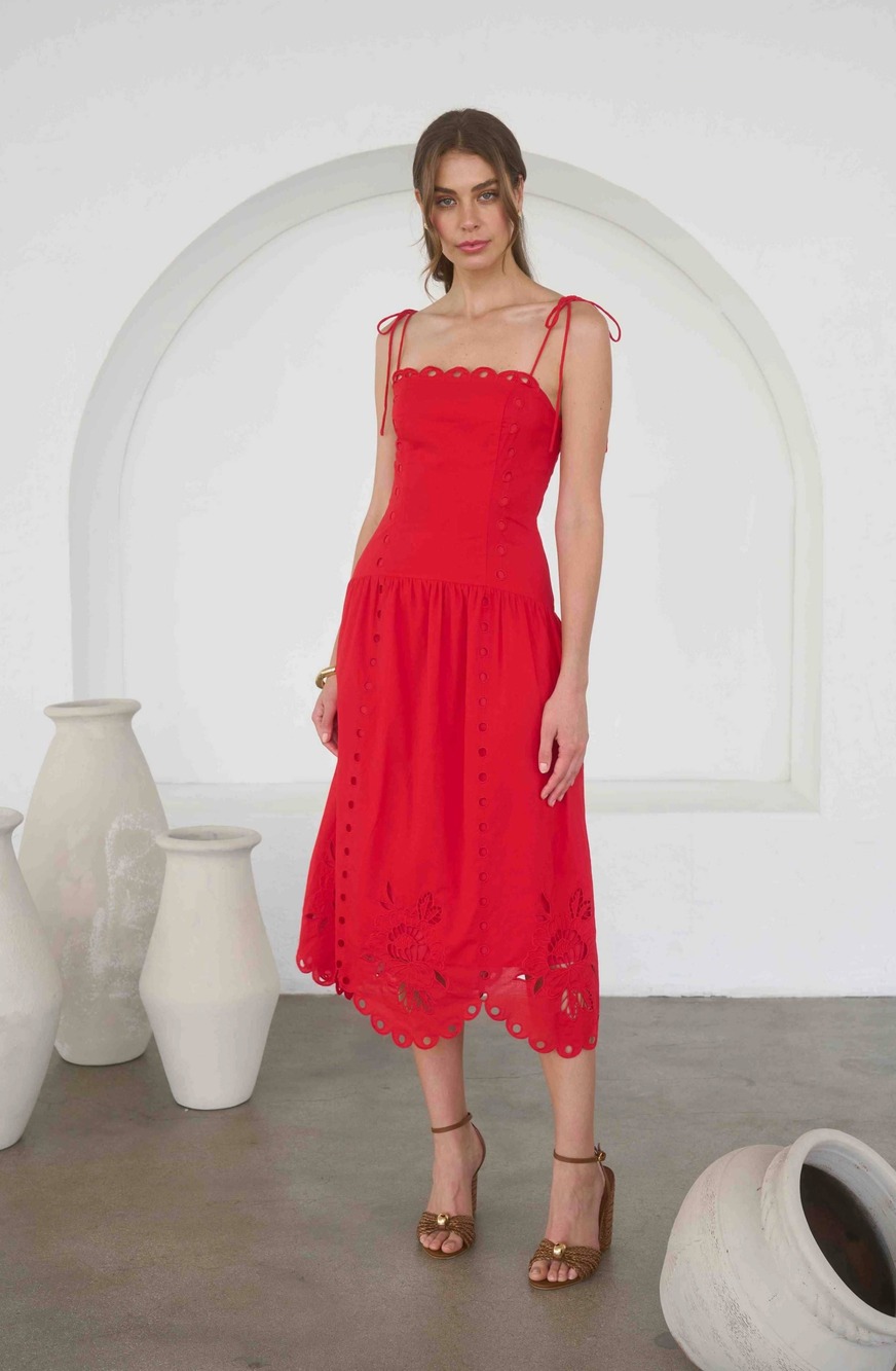 Moon River Eyelet Detail Spaghetti Strap Scalloped Midi Dress